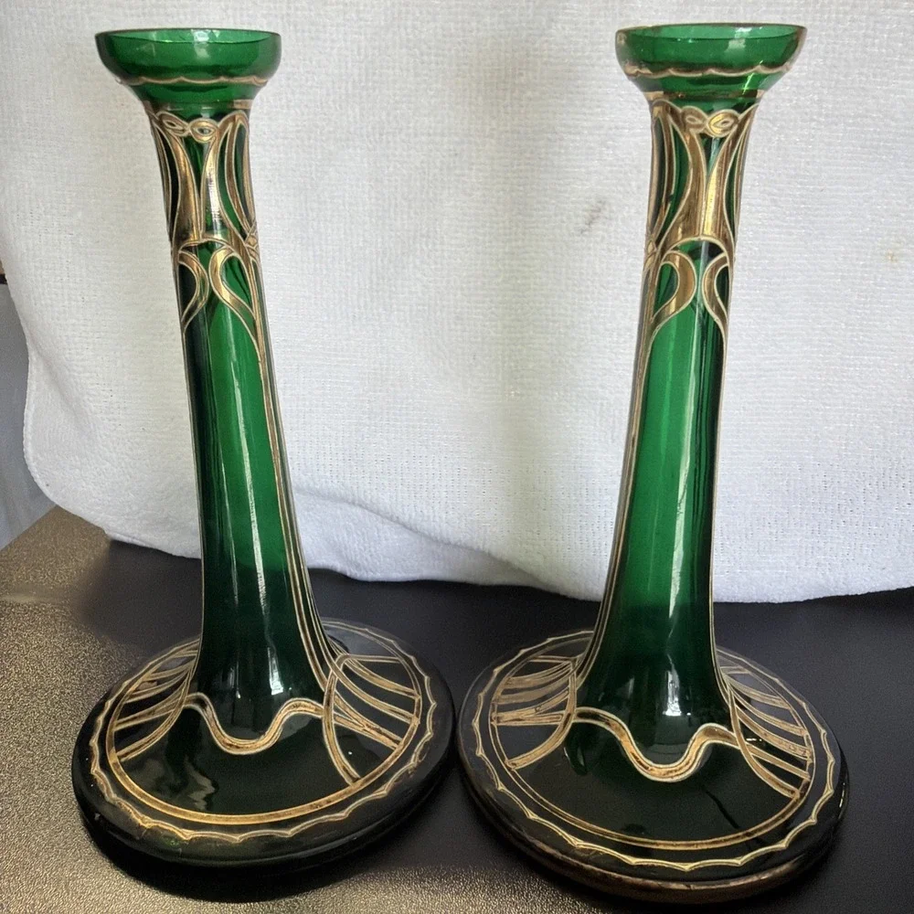Vtg Art Nouveau Jugendstil Gold Gilded Green Satin Glass Vases 2 Ea Circa 1900s‎